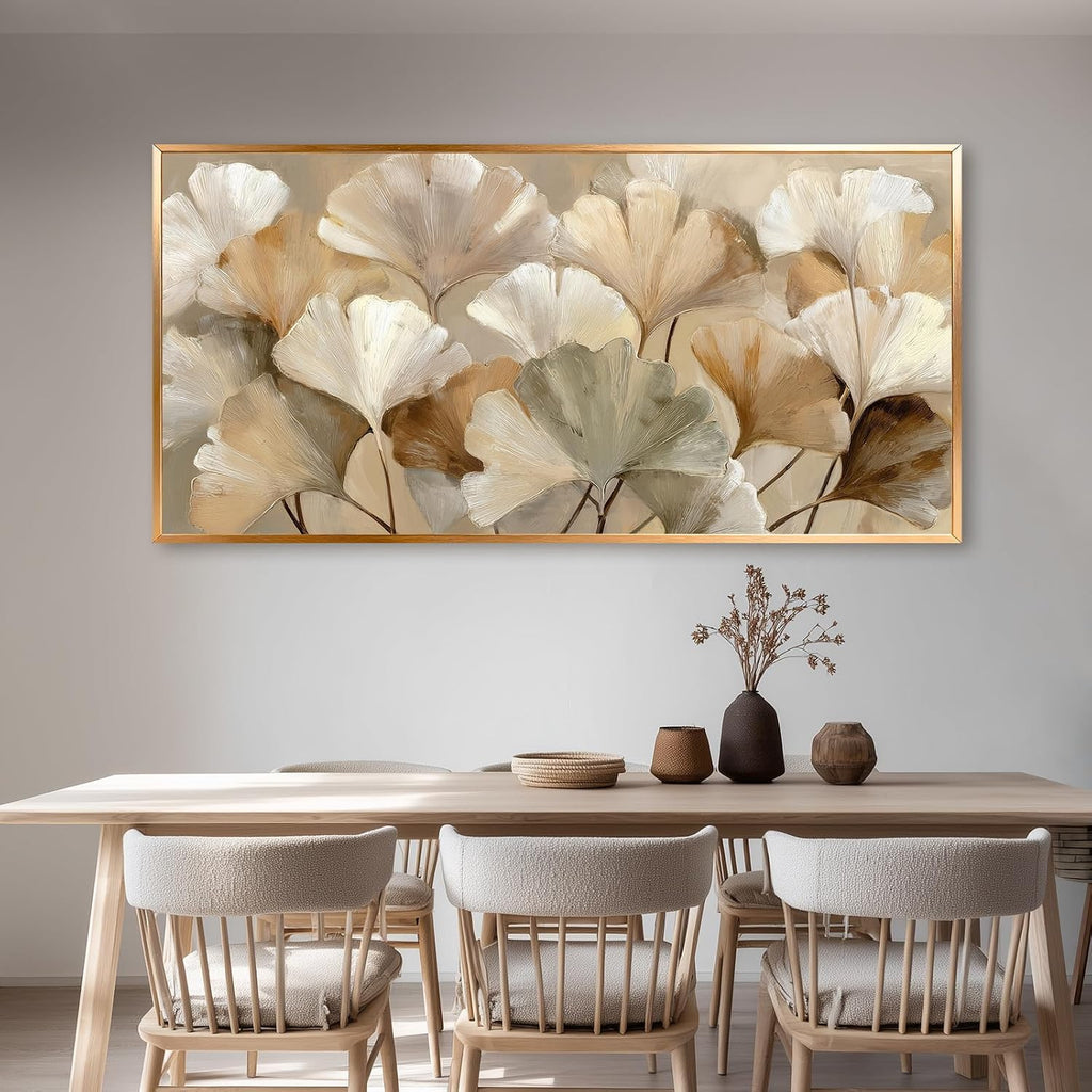 Azatyam Ginkgo Leaf Wall Art Frame Neutral Beige Floral Decor Botanical Nature Picture Ginkgo Leaves Canvas Prints for Living Room Bedroom Office Dining Large Brown Grey Yellow Metal Frame Art 24" x 46"