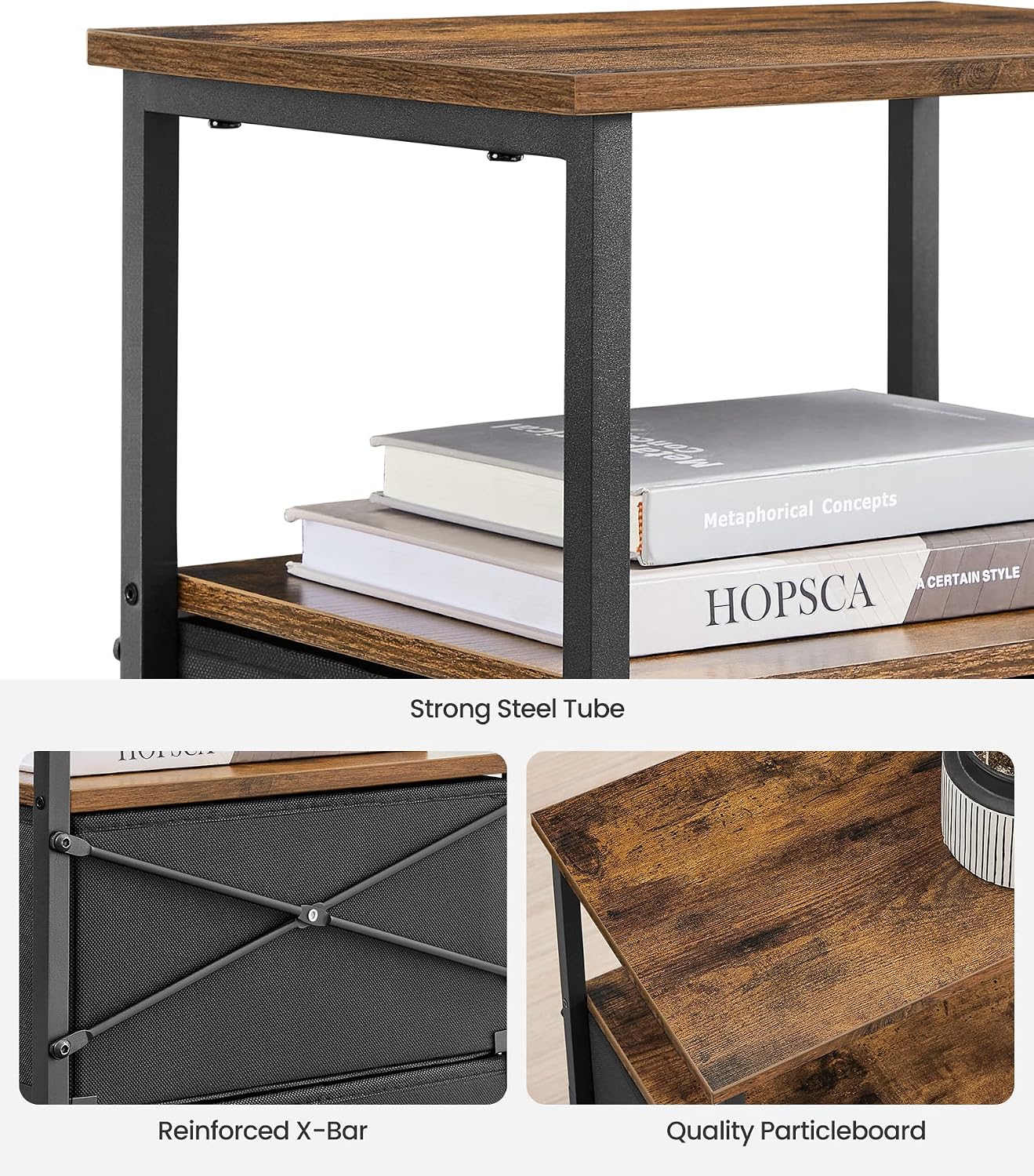 VASAGLE Nightstand, 24-Inch Tall Side Table with 2 Fabric Drawers and Storage Shelf, for Bedroom, Rustic Brown and Black ULGS025B01