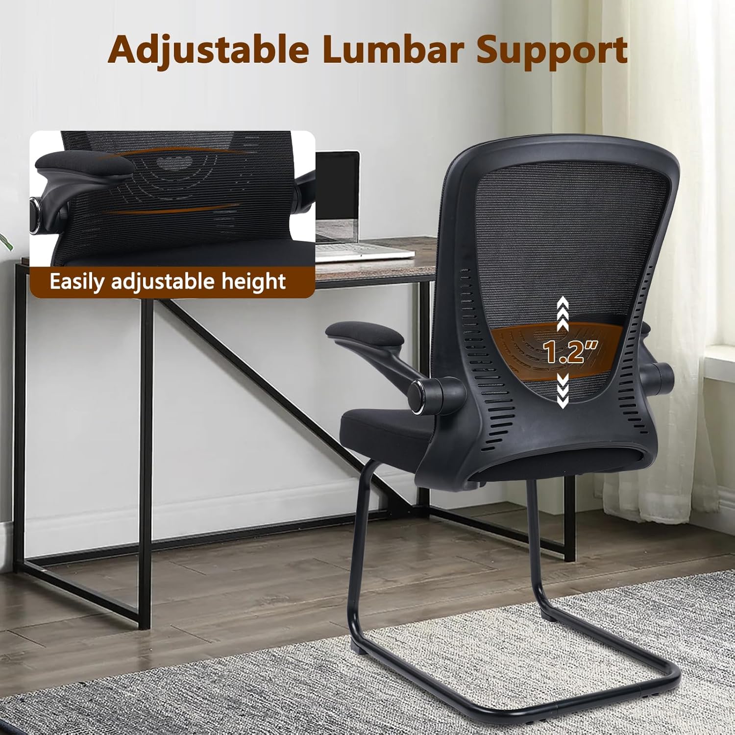 CLATINA Office Guest Chair Sled Base, Ergonomic Mesh Desk Chair Adjustable Lumbar Support and Flip Up Arms, Office Guest & Reception Chairs no Wheels for Conference Room, Black (1PK)