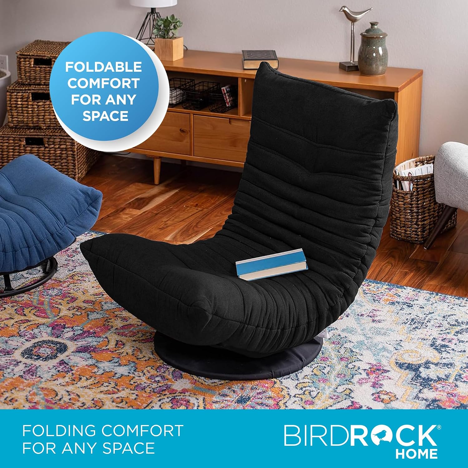 BIRDROCK HOME Swivel Floor Chair - 360 Adjustable Memory Foam Lounge Seat - Gaming - Comfortable Back Support - Cushion Dorm Rocker - Comfy for Reading Game Meditating - Fully Assembled (Charcoal)