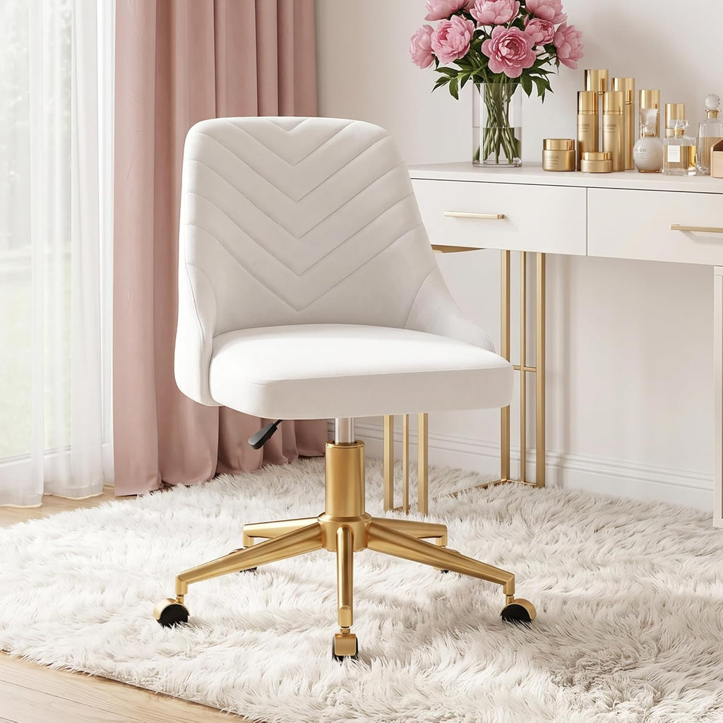 VECELO Velvet Vanity Desk Chair with Height-Adjustable for Office Living Room Bedroom Make Up Study, 360°Swivel, Wheeled Gold Base, Pearl White