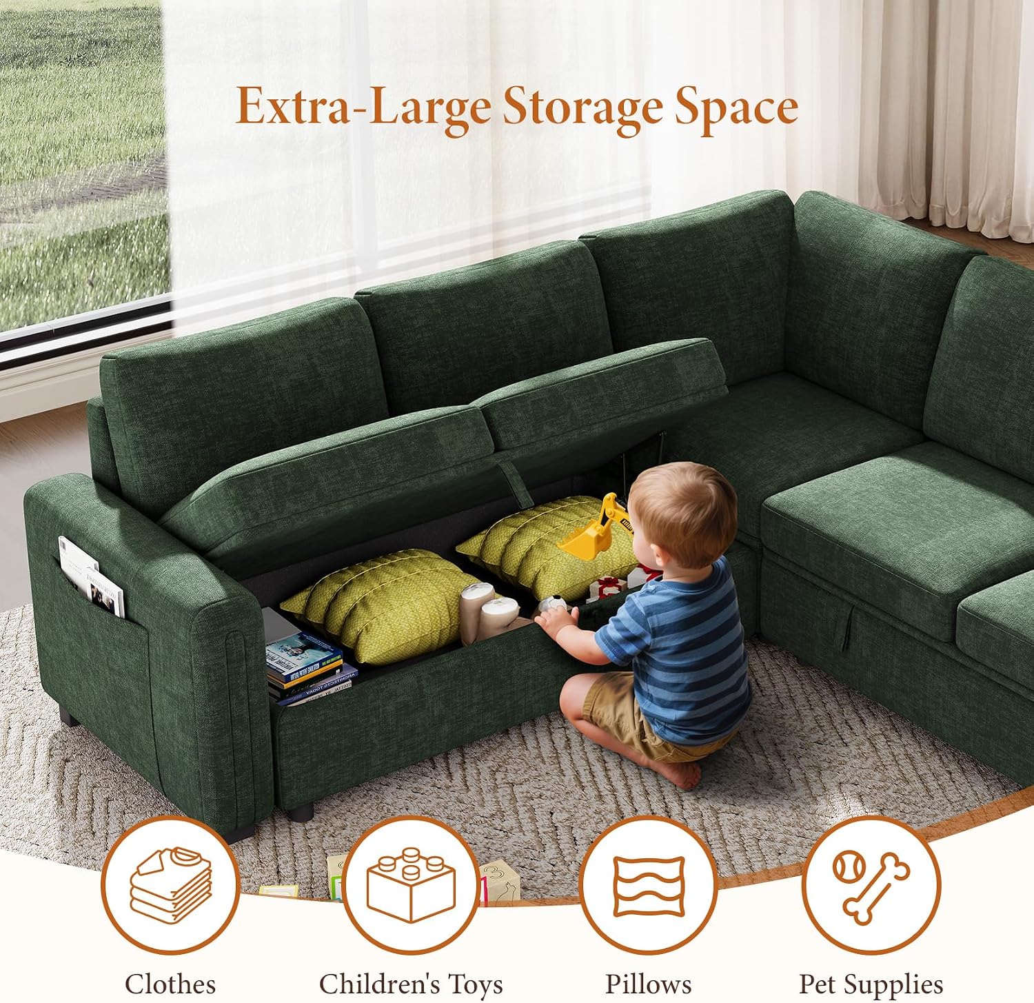 Vesgantti 88.4" Sectional Sleeper Sofa with Pull Out Bed, 5 Seater L Shaped Modular Sectional Couch with Storage, Comfy Chenille Modular Couch for Living Room, Bedroom, Apartment, Green