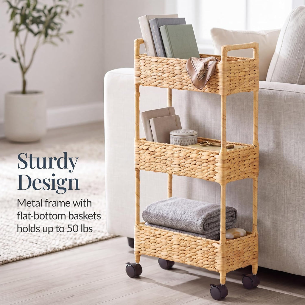 Best Choice Products 3-Tier Slim Water Hyacinth Rolling Nursery Caddy w/Wheels, Handwoven Utility Cart, Narrow Storage Organization for Bathroom, Craft Room, Laundry Room - Natural