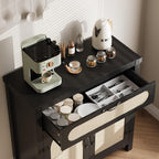 GarveeHome Rattan Sideboard Buffet Cabinets with Storage, Farmhouse Kitchen Accent Storage Cabinet with Drawer, Boho Wooden Coffee Bar Cabinet for Dining Room, Living Room, Hallway, Black