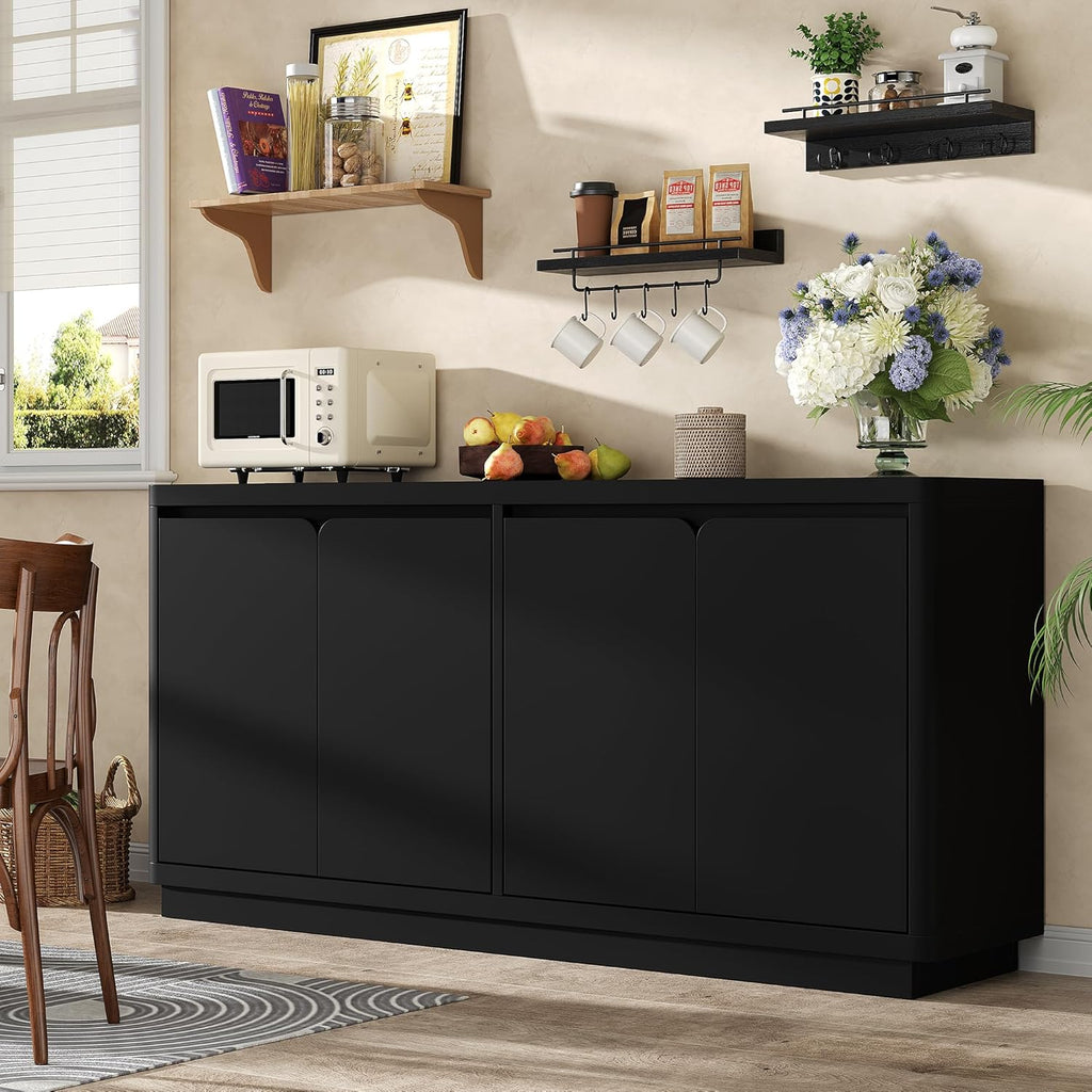 knoworld 63" Buffet Cabinet with Storage & Power Outlet, Wood Sideboard Credenza with Double-Arc Doors, Modern Coffee Bar Console Table for Kitchen Dining Room, Black