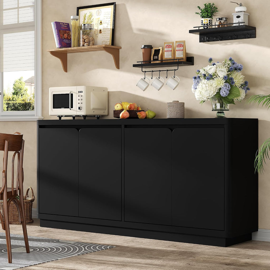 knoworld 63" Buffet Cabinet with Storage & Power Outlet, Wood Sideboard Credenza with Double-Arc Doors, Modern Coffee Bar Console Table for Kitchen Dining Room, Black