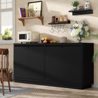 knoworld 63" Buffet Cabinet with Storage & Power Outlet, Wood Sideboard Credenza with Double-Arc Doors, Modern Coffee Bar Console Table for Kitchen Dining Room, Black