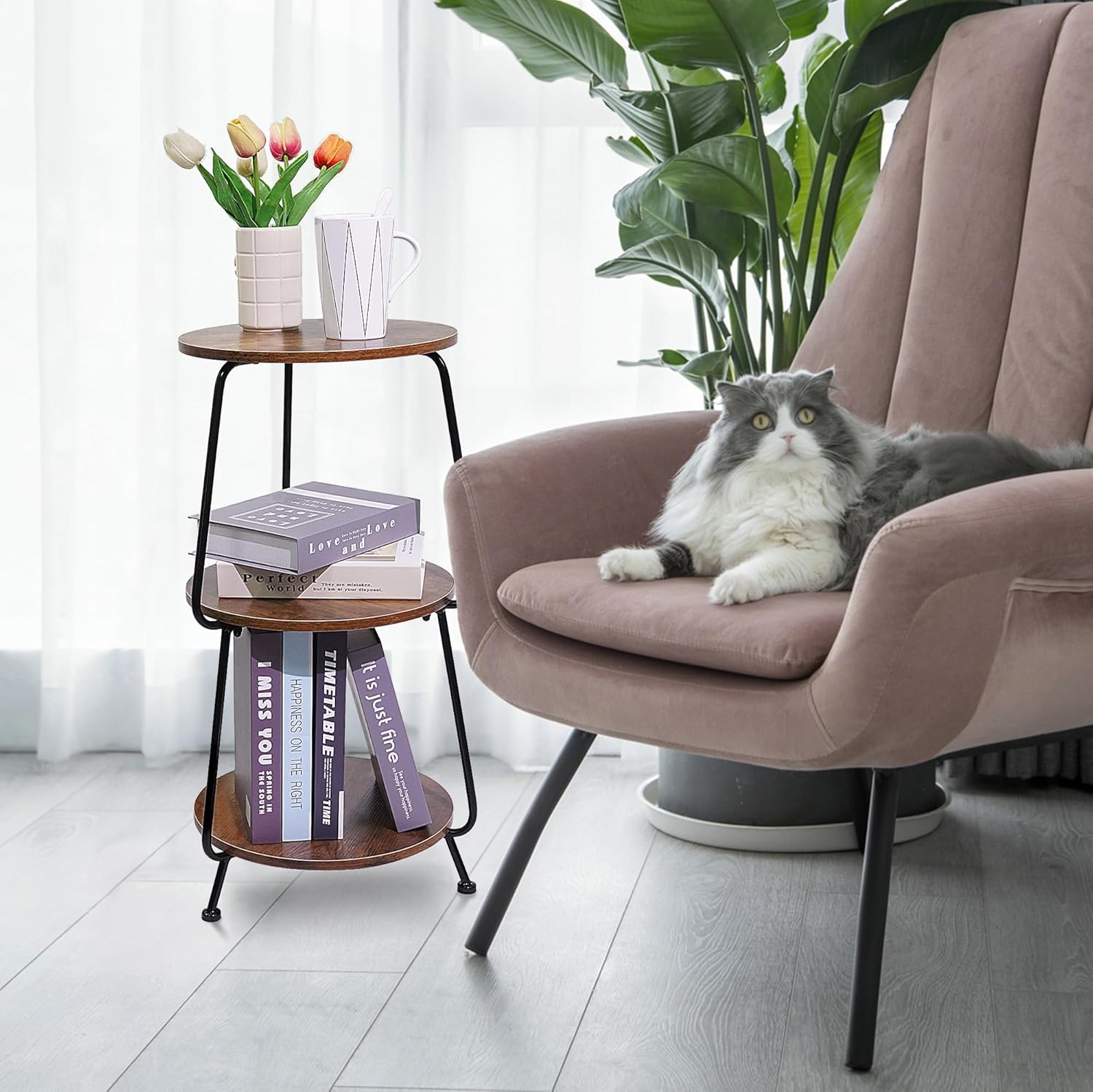 Small Round Side Table - 3 Tier End Table with Storage Shelf, Slim Industrial Coffee Table for Small Spaces, Living Room & Bedroom Narrow Gaps, Rustic Brown