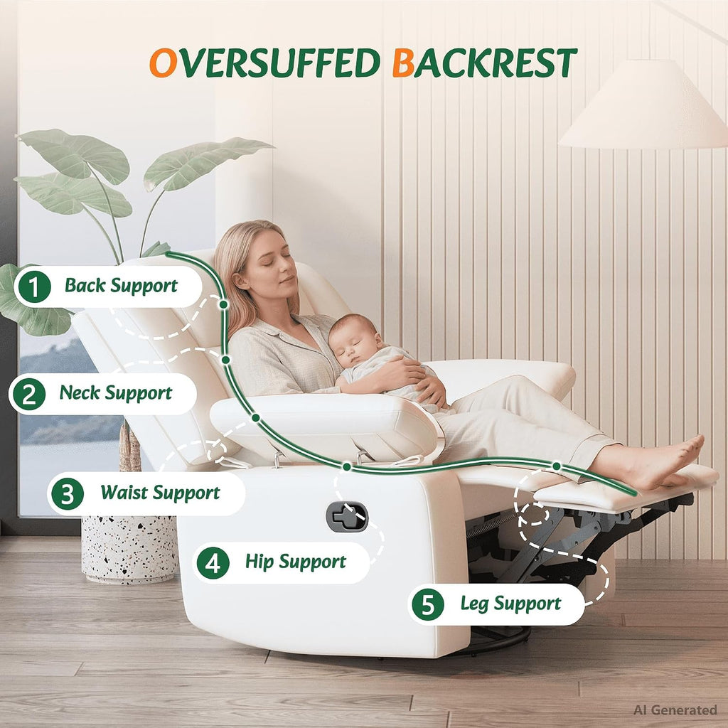 AILEEKISS Nursery Glider Recliner Chair with Adjustable Armrests, Swivel Rocking Recliner for Breastfeeding Moms, 360° Swivel, 30° Rocking, 90°-160° Recline, Easy-Clean Nursery Chair(White)