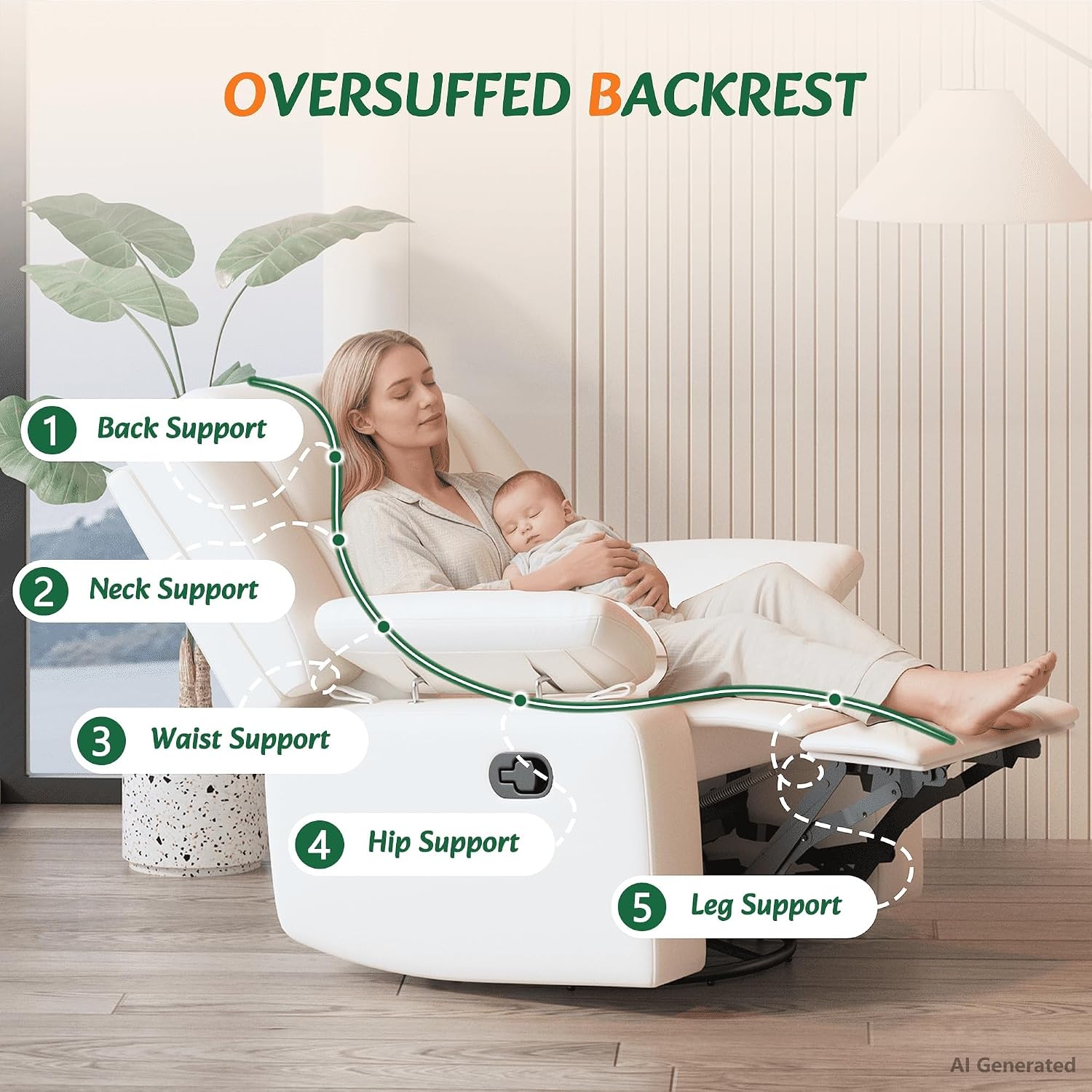 AILEEKISS Nursery Glider Recliner Chair with Adjustable Armrests, Swivel Rocking Recliner for Breastfeeding Moms, 360° Swivel, 30° Rocking, 90°-160° Recline, Easy-Clean Nursery Chair(White)