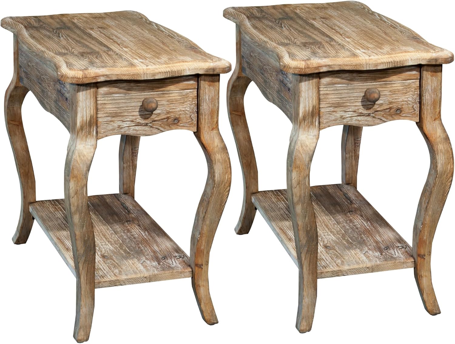 Alaterre Furniture Austerity Living Room Tables – 15 Inch Narrow Chairside Table with Drawer, Shelf, Scalloped Edges, & Curved Legs – Rustic Accent Side Table in Driftwood Finish (Set of 2)