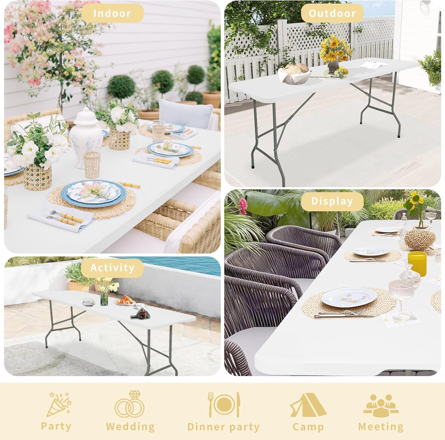 Set of 2 Folding Table 6 FT Lightweight Camping Table White Portable Plastic Rectangular Outdoor Dining Table Steel Legs Fold-in-Half with Carrying Handle for Indoor,Picnic,Party,Wedding,Events