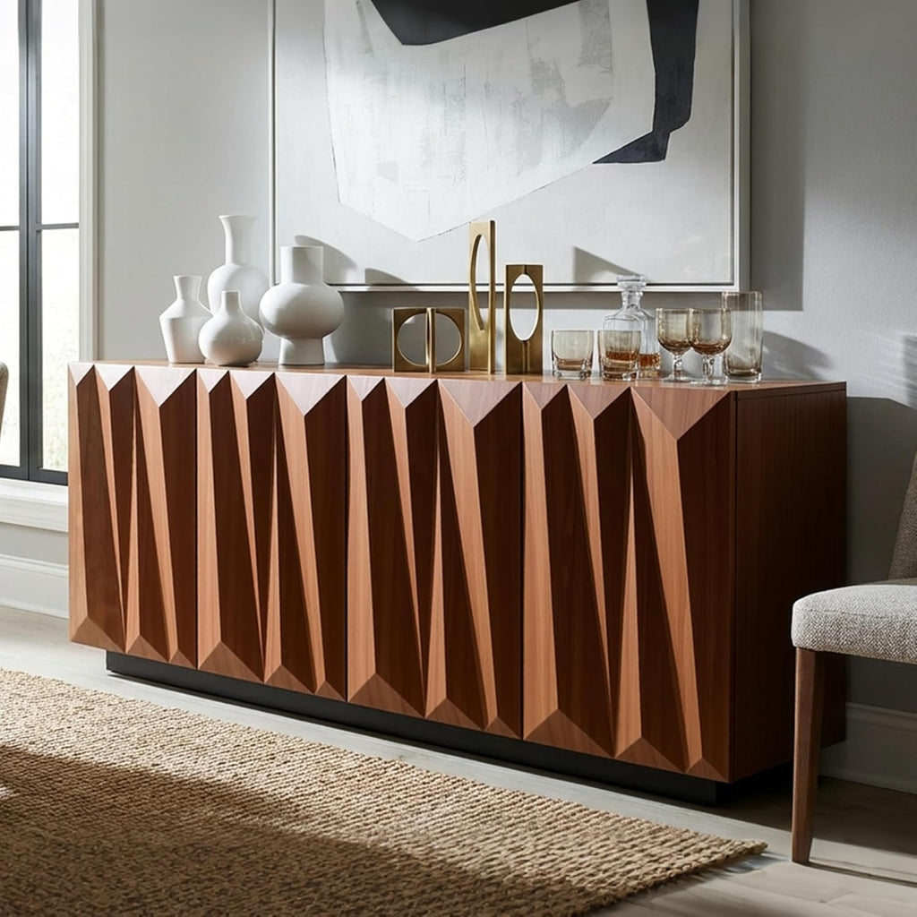 60" Contemporary Geometric Sideboard Buffet with 3D Triangular Doors & Floating Base, Light Walnut Credenza Storage Cabinet for Living Room Kitchen Entryway