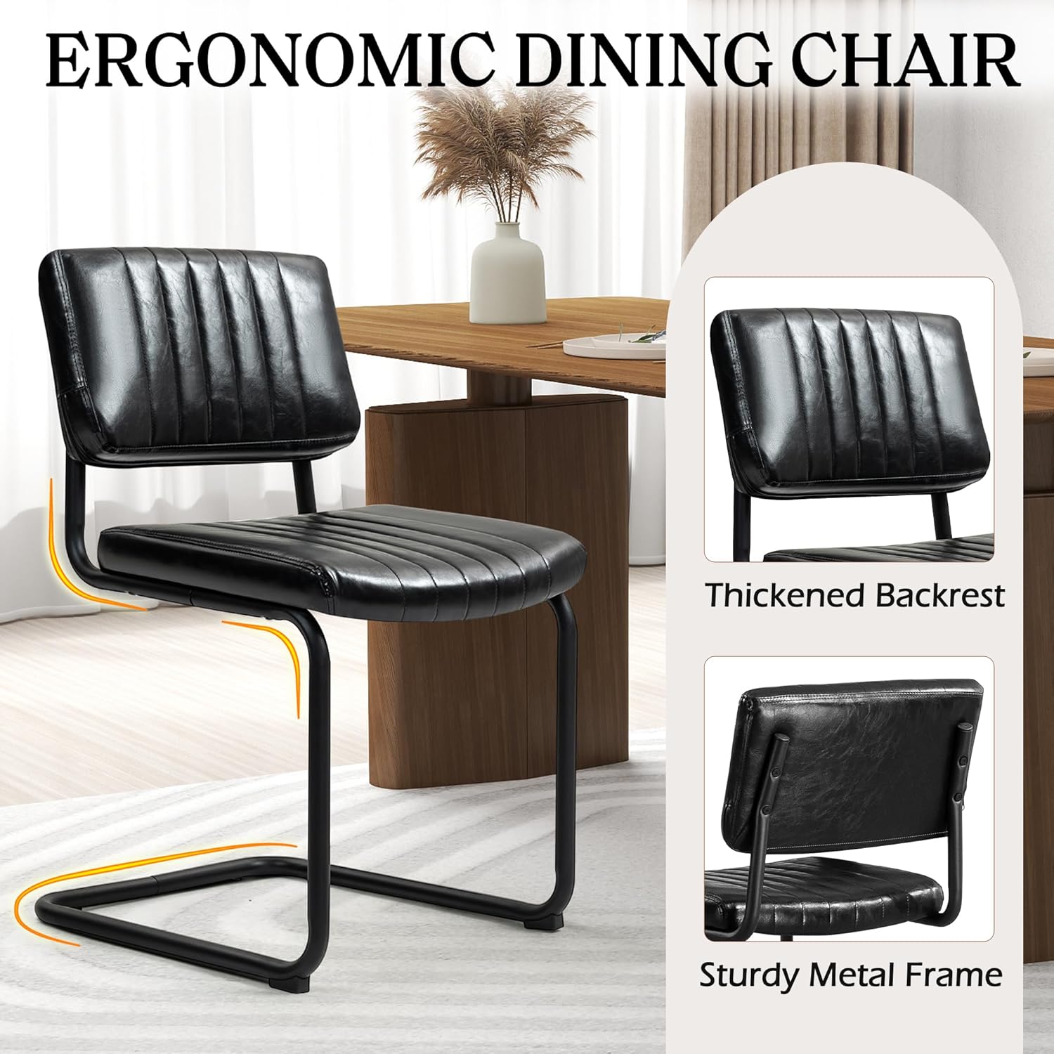 Cantilever Dining Chairs Set of 6, Mid Century Modern Dining Chairs with Black Metal Legs, Upholstered Leather Kitchen Chairs, Armless Cantilever Chair for Kitchen & Living Room, Black