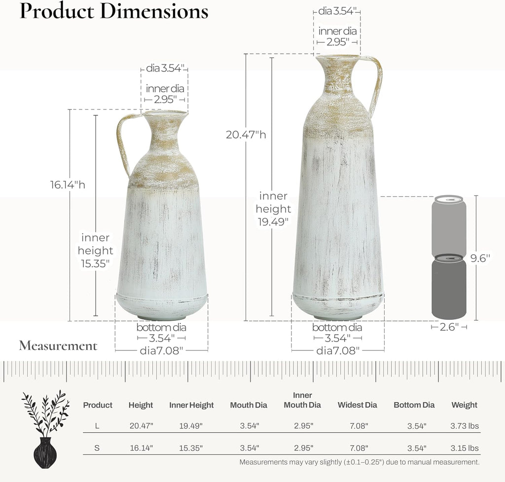 LuxenHöme Tall Floor Vase,Set of 2,Distressed Off White and Brown Rustic Metal Vases,Farmhouse Home Decor Accessories for Living Room,Fireplace and Entryway Decorative