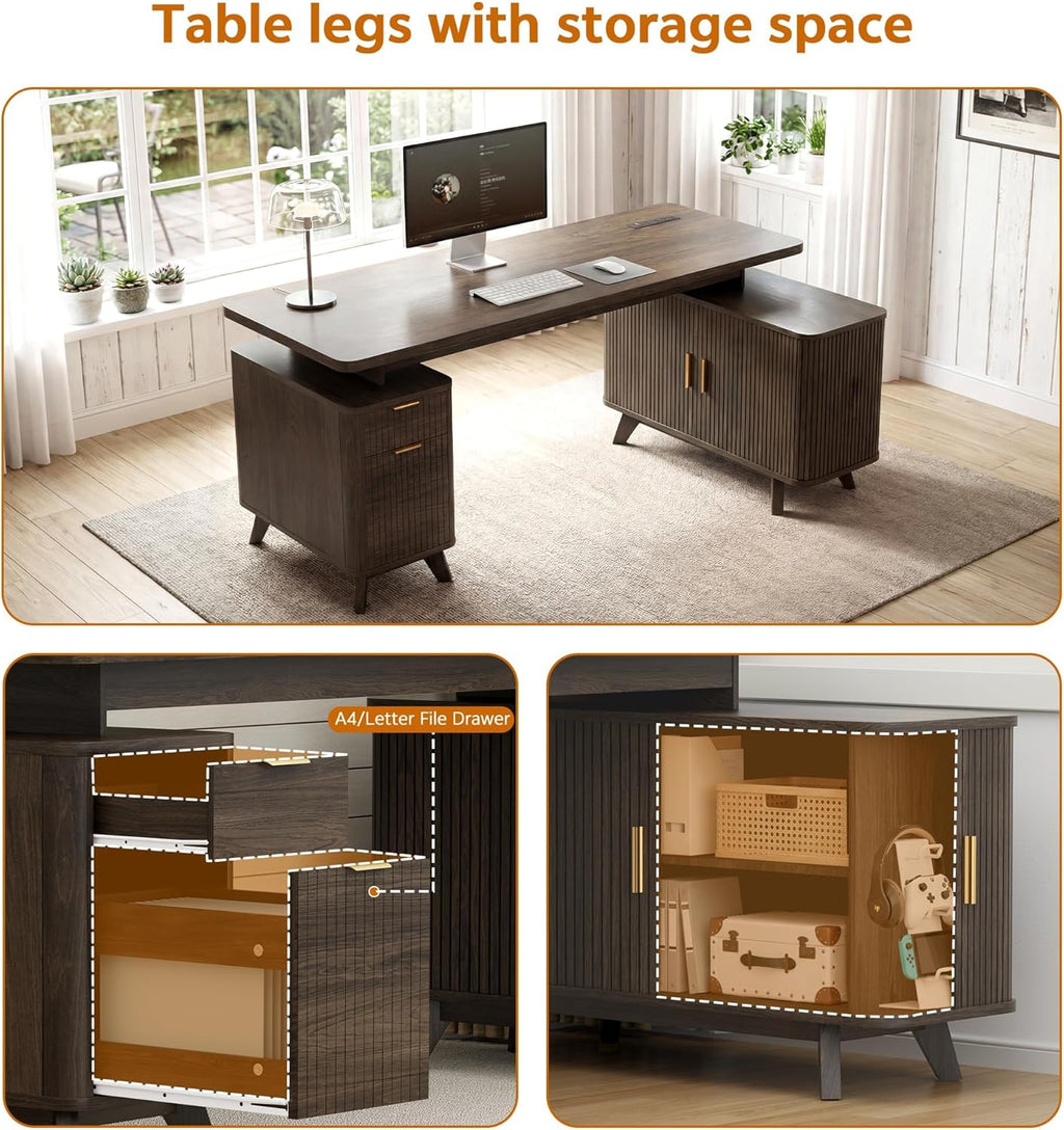 Farmhouse L Shaped Executive Desk with Drawers & Sliding Doors Fluted Storage Cabinet, 63" Corner Computer Desk with Power Outlets (4 AC & USB/Type-C), Reversible Home Office Desk, Brown