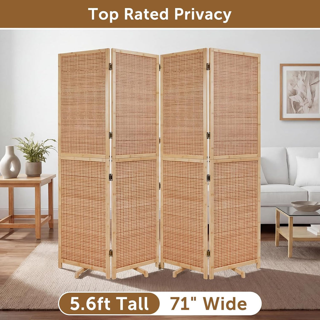 Olela 4 Panel Folding Room Divider, 5.6ft Tall Bamboo Room Divider Screen with Rotating Support Feet, 71" Wide Portable Wooden Screen, Easy 2-Step Assembly, Privacy Screens for Indoor Home Bedroom
