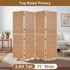 Olela 4 Panel Folding Room Divider, 5.6ft Tall Bamboo Room Divider Screen with Rotating Support Feet, 71" Wide Portable Wooden Screen, Easy 2-Step Assembly, Privacy Screens for Indoor Home Bedroom