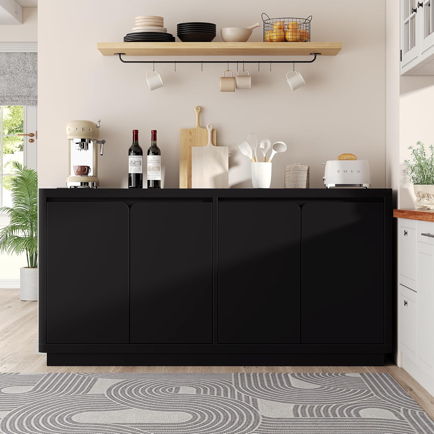 knoworld 63" Buffet Cabinet with Storage & Power Outlet, Wood Sideboard Credenza with Double-Arc Doors, Modern Coffee Bar Console Table for Kitchen Dining Room, Black