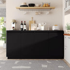 knoworld 63" Buffet Cabinet with Storage & Power Outlet, Wood Sideboard Credenza with Double-Arc Doors, Modern Coffee Bar Console Table for Kitchen Dining Room, Black