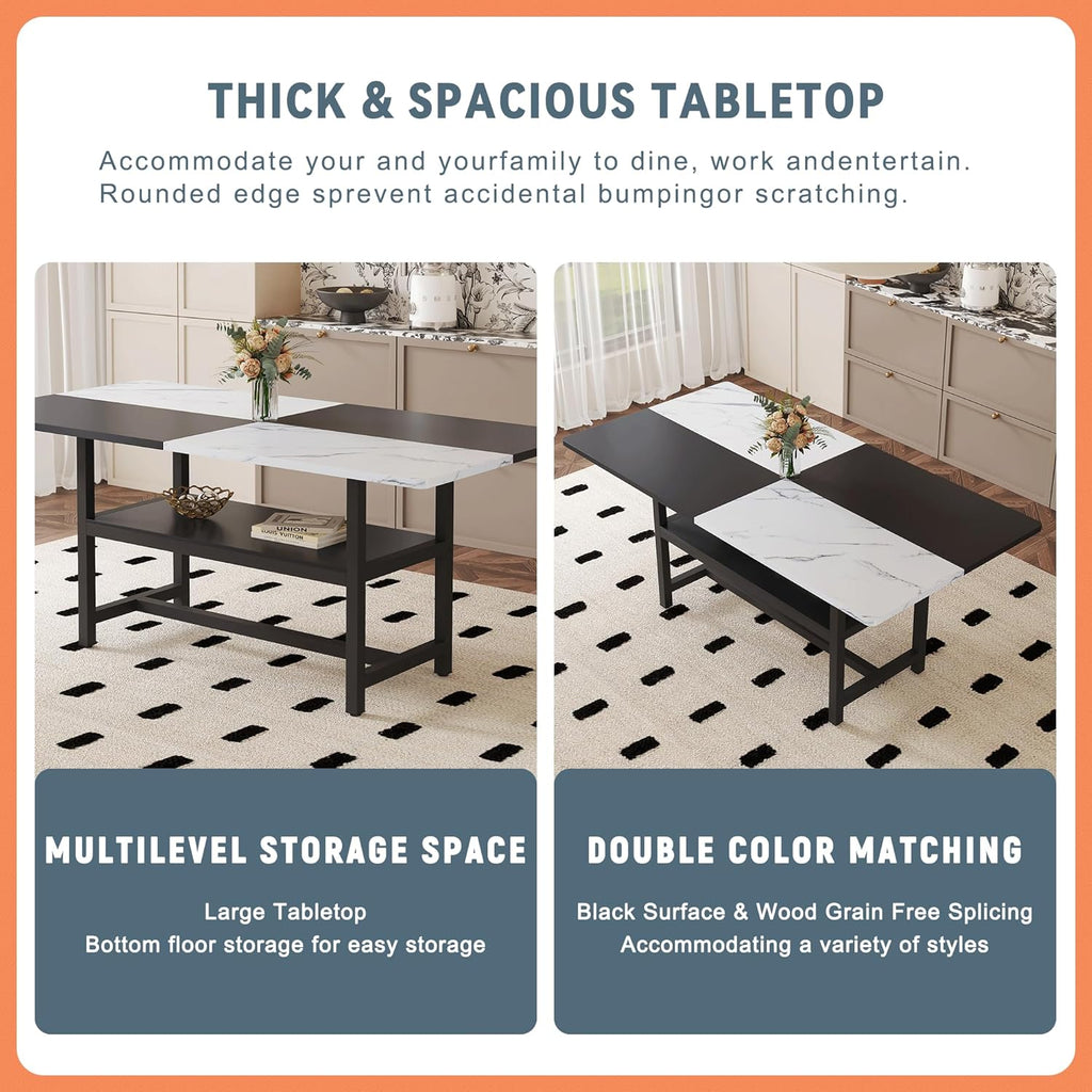 71" Dinner Table Set for 6, Modern Dining Table Set for 6, Black and White Splicing Tabletop with Storage Shelf, White Faux Marble Dining Table and 6 Black Upholstered Chairs for Kitchen, Dining Room