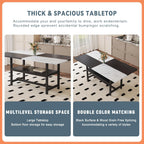 71" Dinner Table Set for 6, Modern Dining Table Set for 6, Black and White Splicing Tabletop with Storage Shelf, White Faux Marble Dining Table and 6 Black Upholstered Chairs for Kitchen, Dining Room