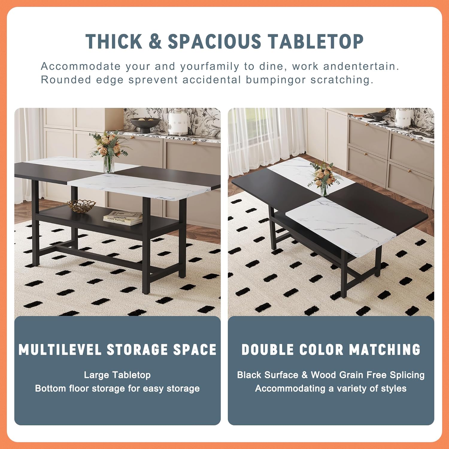 71" Dinner Table Set for 6, Modern Dining Table Set for 6, Black and White Splicing Tabletop with Storage Shelf, White Faux Marble Dining Table and 6 Black Upholstered Chairs for Kitchen, Dining Room