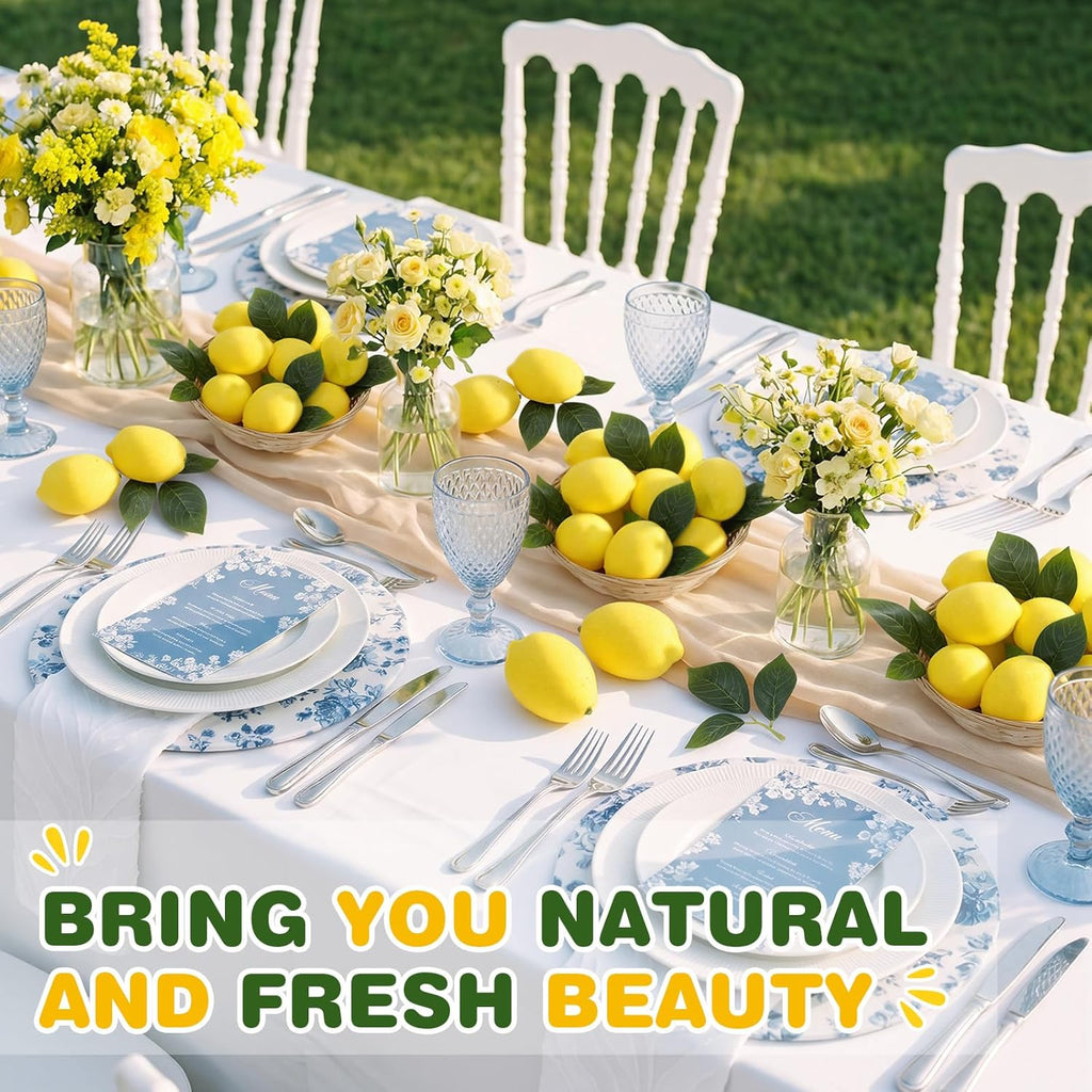 Wavwavw 12 Pcs Fake Lemon Limes Artificial Fruits Faux Lemon Limes 3" x 2" Mix Set with 10 Leaves and 1 Woven Basket Lifelike Fake Fruits Decor for Kitchen Party Table Photo Prop (Yellow)