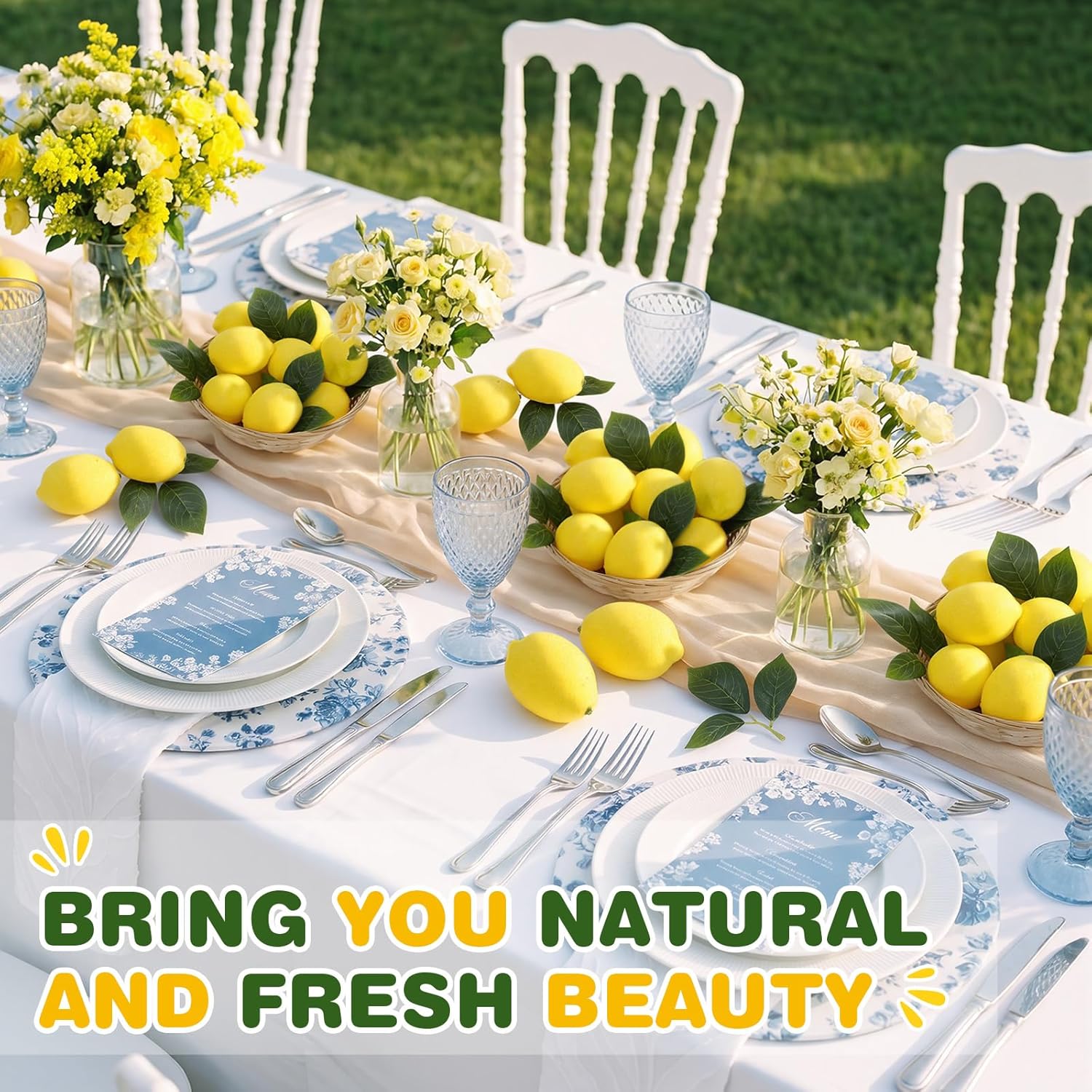 Wavwavw 12 Pcs Fake Lemon Limes Artificial Fruits Faux Lemon Limes 3" x 2" Mix Set with 10 Leaves and 1 Woven Basket Lifelike Fake Fruits Decor for Kitchen Party Table Photo Prop (Yellow)