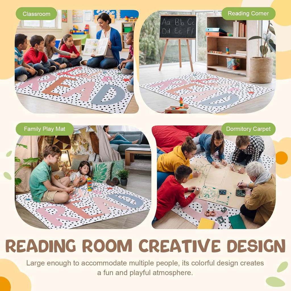 Drydiet Let's Read Carpet 47×39 Inch Colorful Floor Mat Washable Non-Slip Boho Classroom Reading Nook Must Haves Read Sign for First Day End of the Year School Home School Dorm Library Party Decor