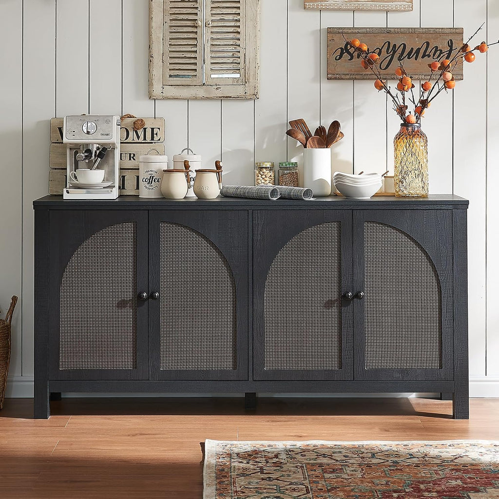 Okvnbjk Sideboard Buffet Cabinet with Storage, 60inch Kitchen Buffet Table with Soft Closing Door Hinges, Rattan Coffee Bar Cabinet for Living Room, Dining Room, Black