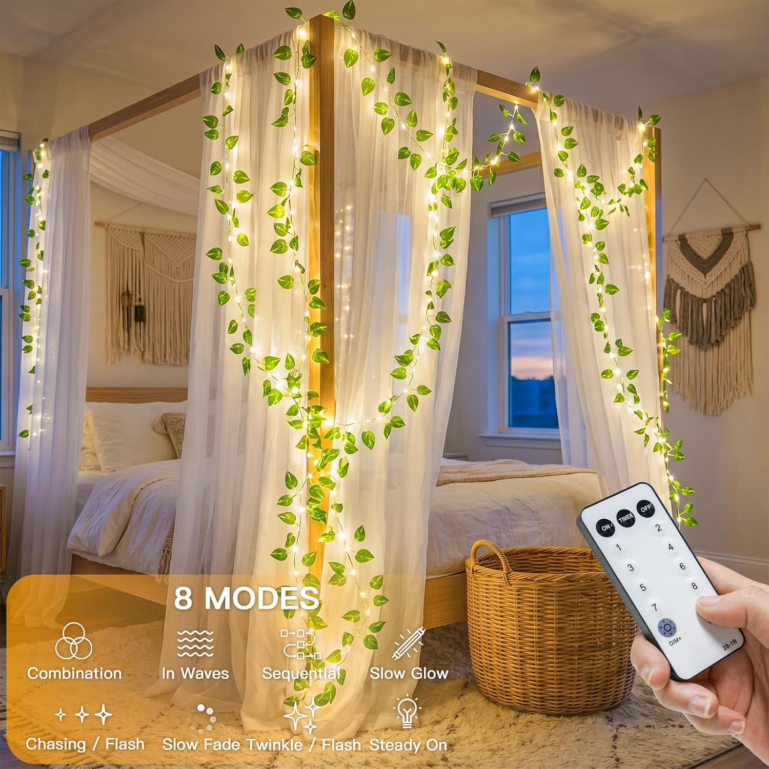 suddus Vine with Fairy Lights Battery Operated, 33ft100 LED Pothos String Lights with Remote, Leaf Lights for Bedroom, Room, Wall, Garden, Party, Wedding Dorm Decor(Warm White)
