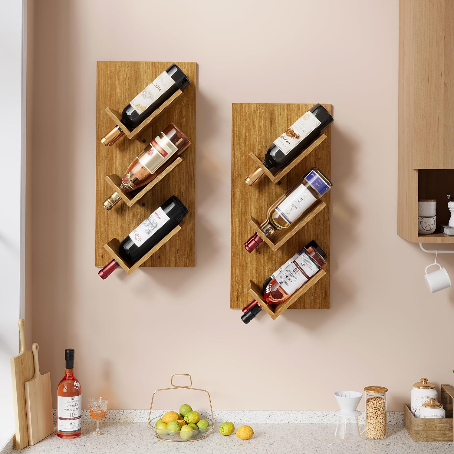 Hoctieon Wine Rack Wall Mounted, 6 Bottles Hanging Wine Racks Bar Shelves for Display & Storage, Rustic Wood Wine Bottle Holder for Home Bar, Kitchen, Dining Room,Warm Brown