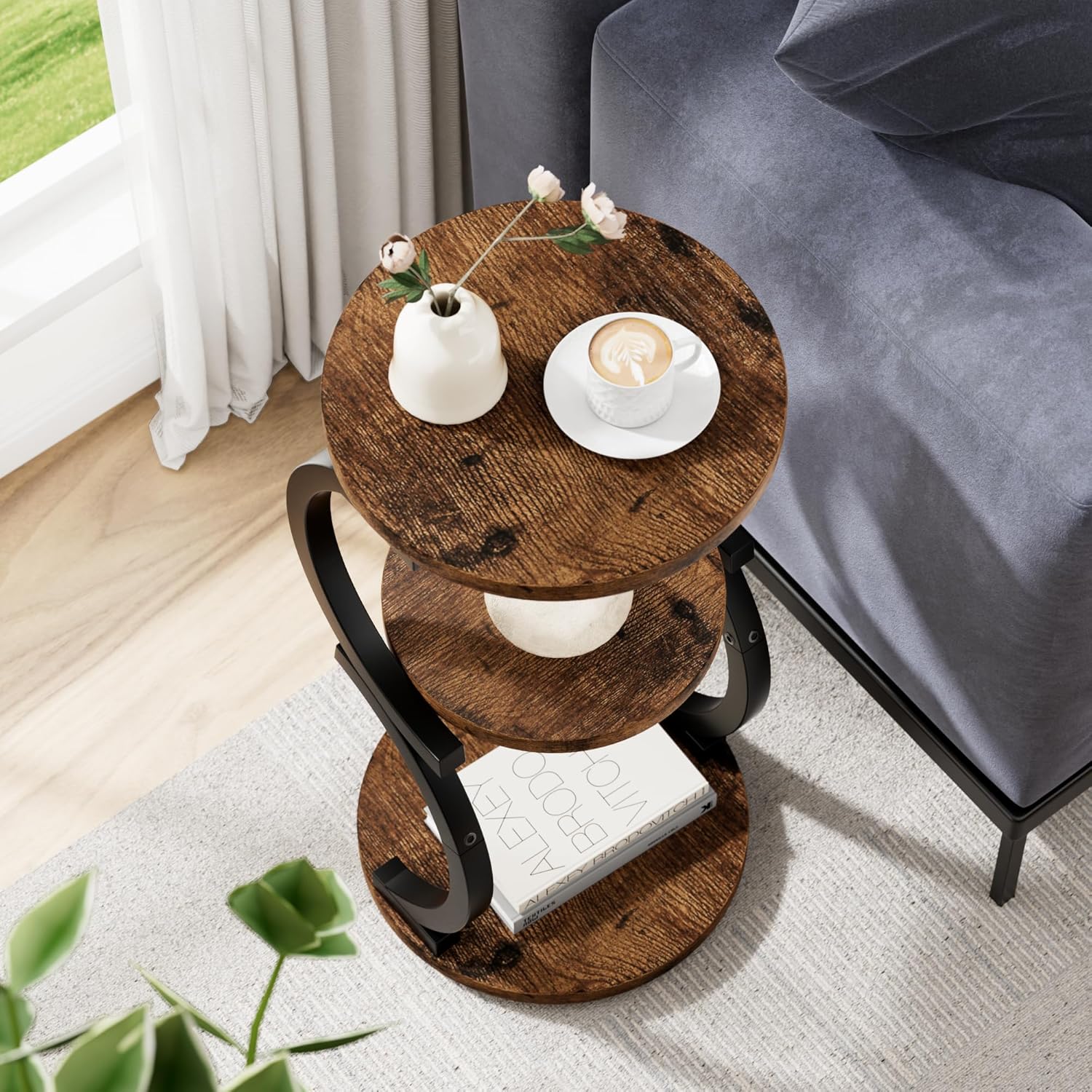 Small Side Table, 3-Tier Round End Table for Living Room, S-Shaped Accent Table for Small Spaces Sofa Couch Bedroom, Vintage Nightstand Wood Metal Coffee Table with Storage Shelf, Rustic Brown