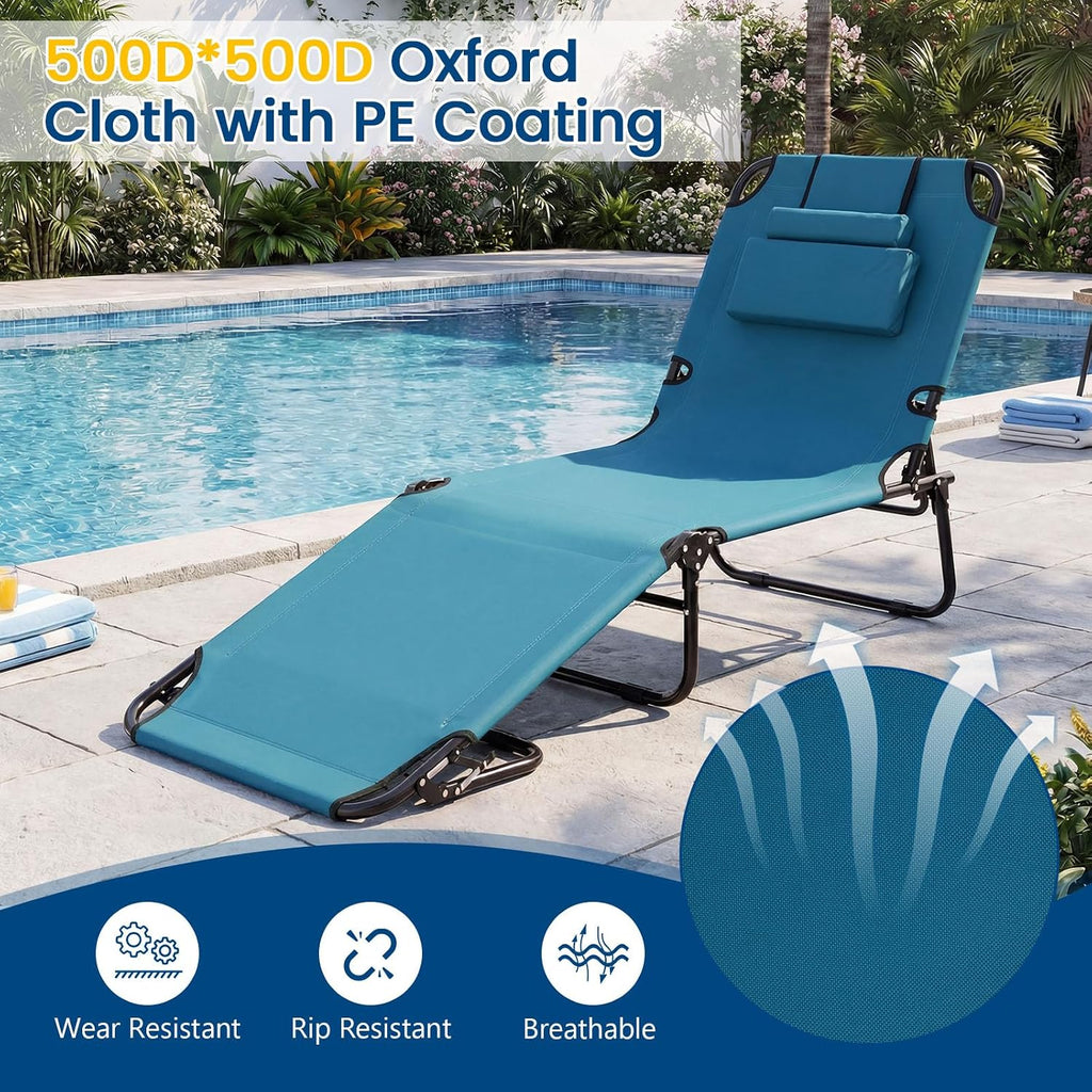 Giantex Folding Beach Tanning Chair, Adjustable Face Down Patio Lounge Chair w/ 4-Position Backrest, Face Hole & Removable Pillow, Portable Sunbathing Chair for Poolside Yard Lawn (2,Steel Blue)