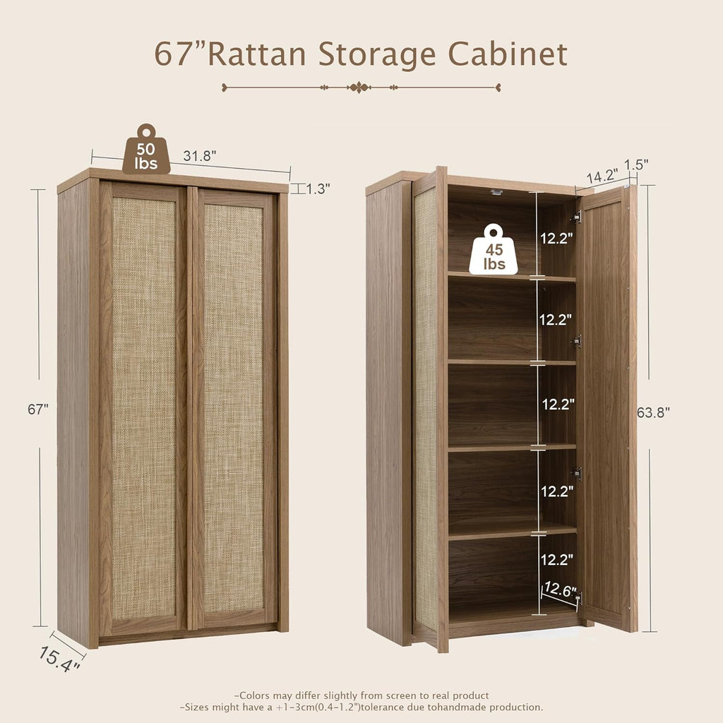Yechen 67" Tall Kitchen Pantry Cabinet, Rattan Storage Cabinet with Solid Wood Integrated Handleand Adjustable Shelves, Cupboard with Doors for Livingroom, Bathroom,Dining Room, Natural Walnut