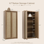 Yechen 67" Tall Kitchen Pantry Cabinet, Rattan Storage Cabinet with Solid Wood Integrated Handleand Adjustable Shelves, Cupboard with Doors for Livingroom, Bathroom,Dining Room, Natural Walnut