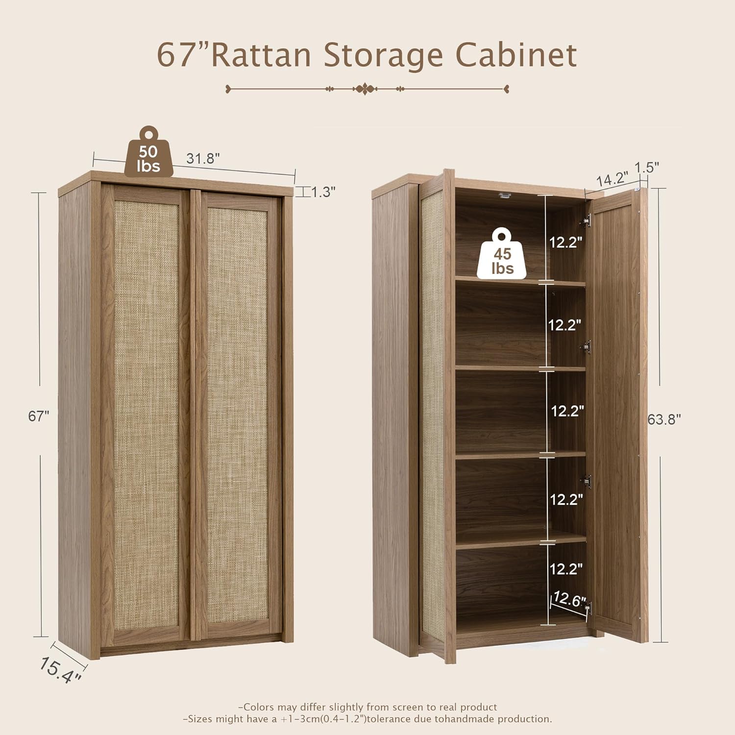 Yechen 67" Tall Kitchen Pantry Cabinet, Rattan Storage Cabinet with Solid Wood Integrated Handleand Adjustable Shelves, Cupboard with Doors for Livingroom, Bathroom,Dining Room, Natural Walnut