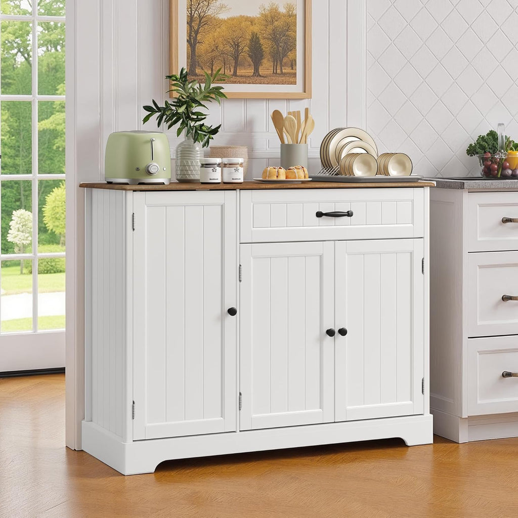 Ahomly Buffet Cabinet, Coffee Bar, Sideboard Cabinet with Internal Storage Shelf for Dining Room, Kitchen, Living Room, Kitchen and Laundry Room,White and Rustic