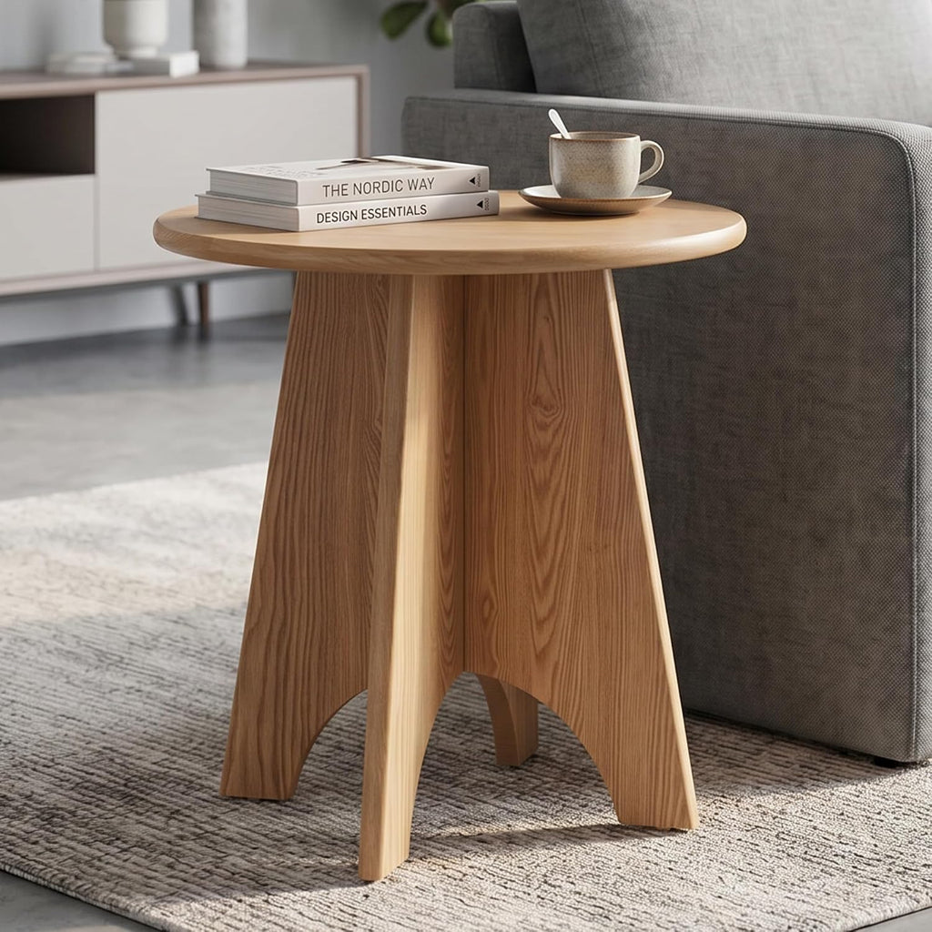 Round Side Table with Unique Panel Leg Design, Sturdy Nightstand for Bedroom, Compact End Table for Living Room, Small Space Accent Table for Couch & Chair (Natural)