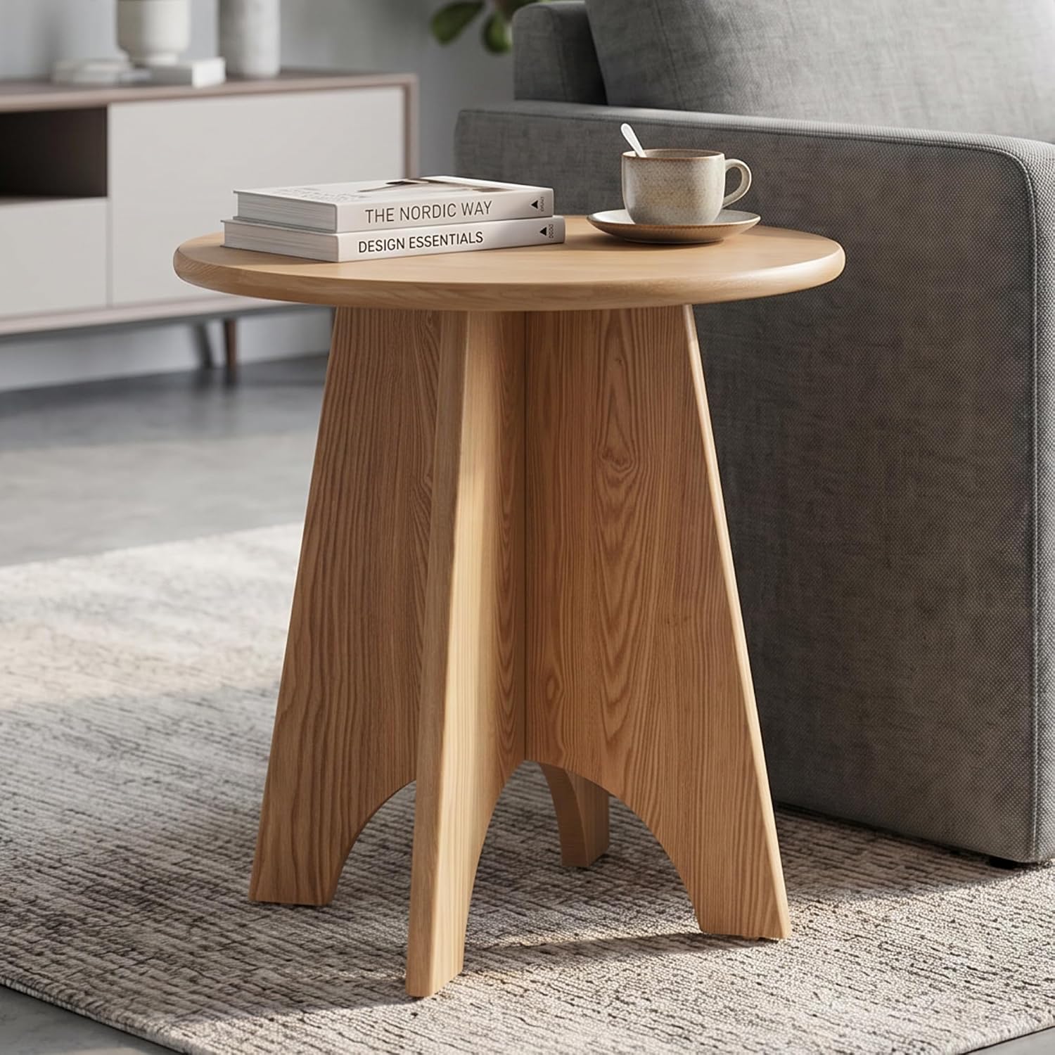 Round Side Table with Unique Panel Leg Design, Sturdy Nightstand for Bedroom, Compact End Table for Living Room, Small Space Accent Table for Couch & Chair (Natural)