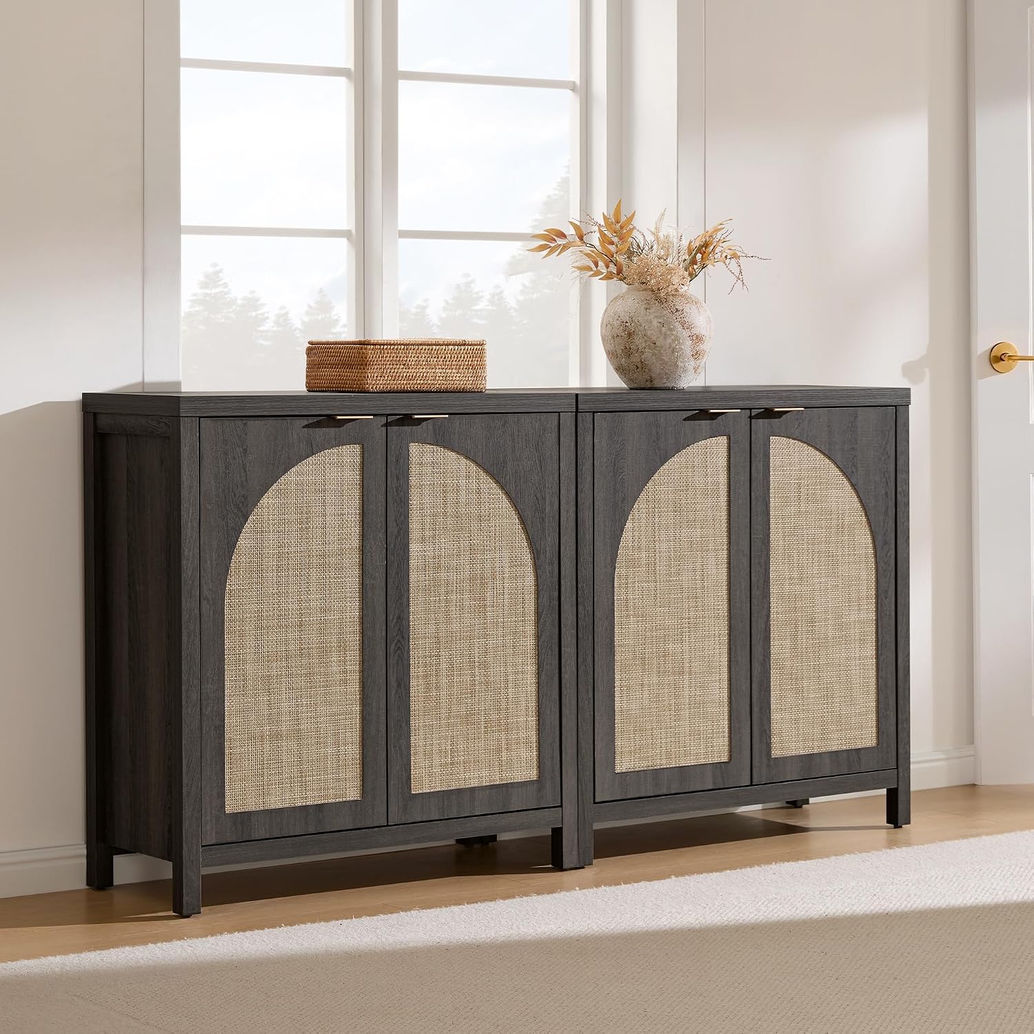SICOTAS 102"W Rattan Sideboard Buffet Cabinet Set of 3, Modern Credenza Storage Cabinet with Arch Doors & Shelves, Boho Coffee Bar Media Console Cabinets for Kitchen, Living Room, Entryway, Black Oak