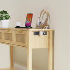 Entryway Table, Rattan Console Table with 3 Storage Drawers and Storage Shelf, Sofa Table with Socket, for Entryway, Living Room, Behind Couch and Hallway (Light Yellow)