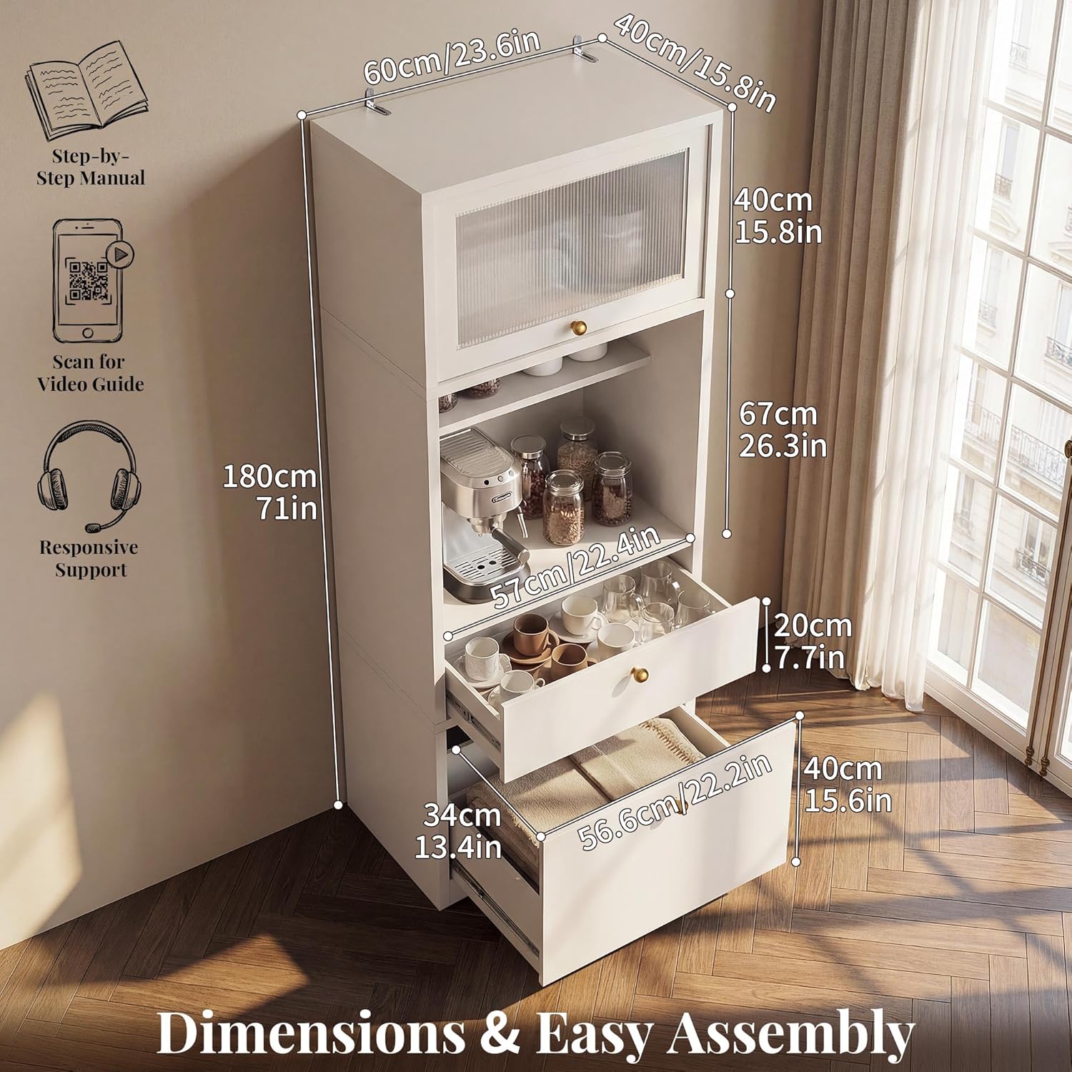 71" Tall Kitchen Pantry Cabinet with Fluted Door & Drawers, White | Adjustable Shelves, Anti-tip Device, Freestanding, Spacious Kitchen, Bathroom Storage, Living Room, Modern Farmhouse Style