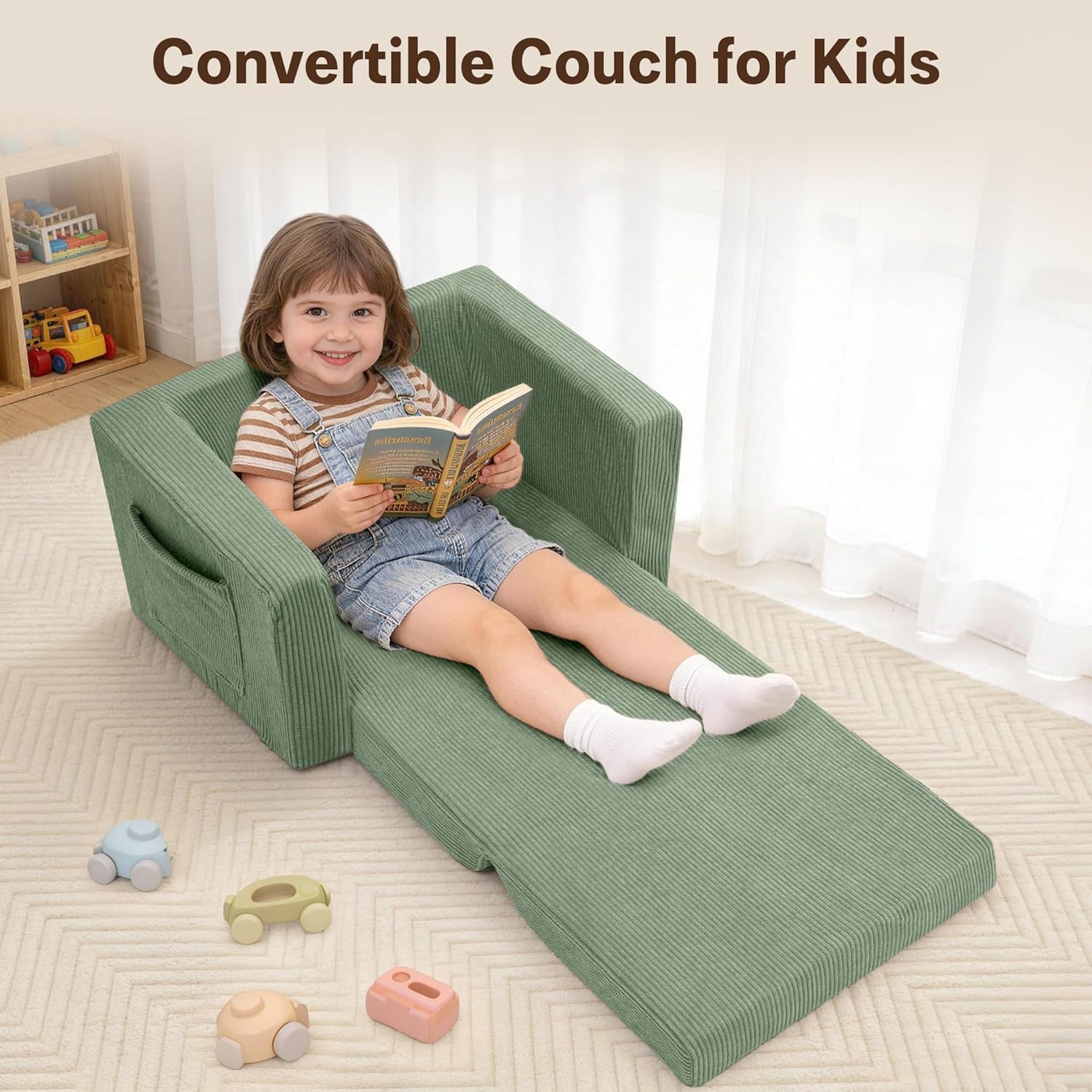 Bubble Ball Comfy Kids Couch and Chsir, 2-in-1 Convertible Sofa Chair, Soft Fold Out Couch for Reading, Playroom, Kids Couch for Boys & Girls, Green