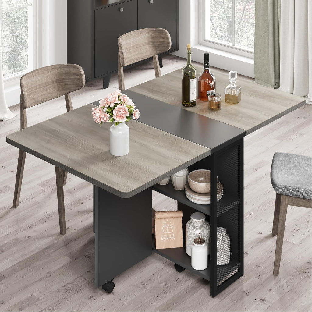 IDEALHOUSE FoldingTable, Drop Leaf Dining Table with 6 Wheels and 2-Layer Storage Shelf, Space Saving Table for Small Spaces (Slate Oak, 50.1" D x 31.4" W x 29.5" H)