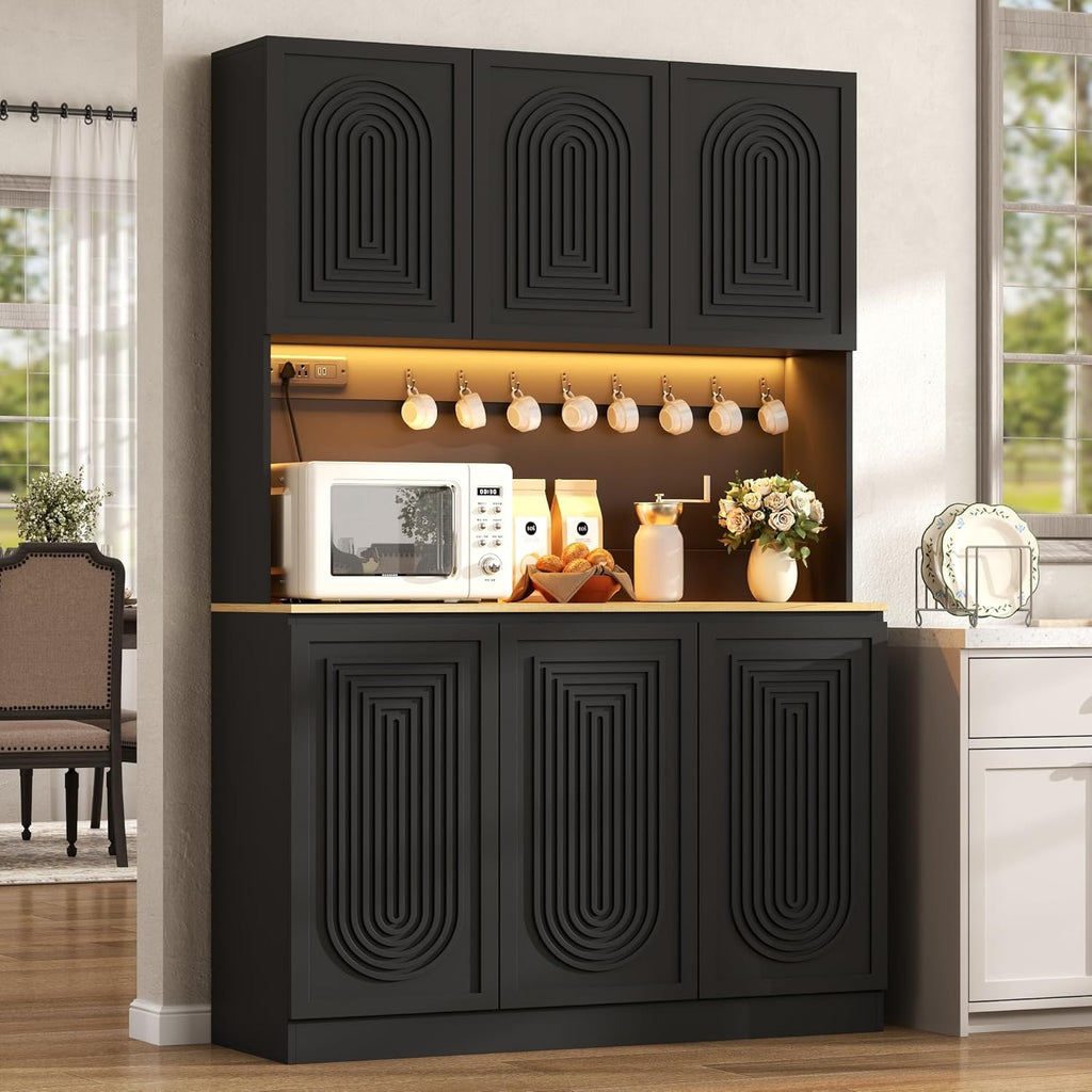 71" Black Kitchen Pantry with Power Outlet & LED Light, Large Kitchen Hutch Cabinet with Adjustable Shelf, Modern Buffet Cabinet with 6 Doors, Food Pantry Storage for Dining Room (Black 6 Doors)