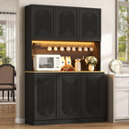 71" Black Kitchen Pantry with Power Outlet & LED Light, Large Kitchen Hutch Cabinet with Adjustable Shelf, Modern Buffet Cabinet with 6 Doors, Food Pantry Storage for Dining Room (Black 6 Doors)
