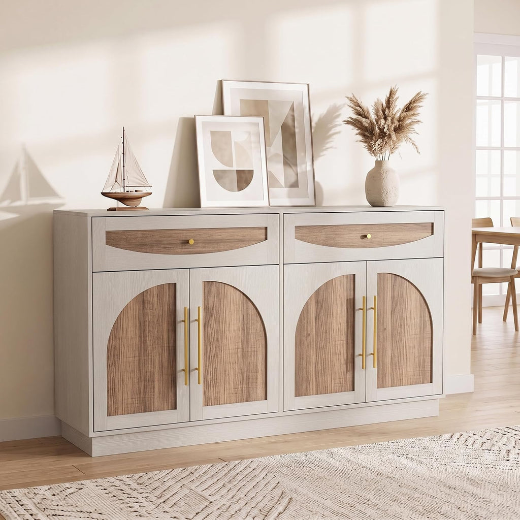 63'' Arched Door Sideboard Buffet Cabinet with Drawers, White and Natural | Modern Farmhouse, Two-tone, Removable Shelves, Metal Handle, Large Storage Space, Wooden Storage Cabinet, Coffee Bar Station