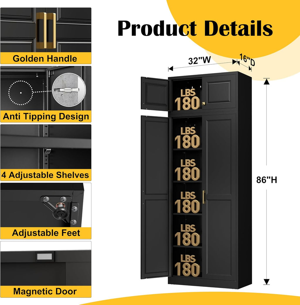 Steeloong86“ Kitchen Pantry Cabinet,Metal Storage Cabinets with Doors and 4 Adjustable Shelves,Black Kitchen Cabinet with 4 Gold Handles,Tall Cabinet for Livingroom,Pantry, Bathroom